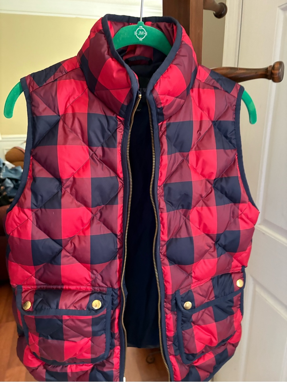 J. Crew Red & Navy Plaid Quilted Puffer Vest